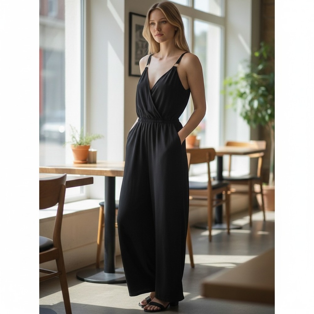 Jennifer Lopez Black Sleeveless Wrap Front Jumpsuit Gold Ring Hardware Small